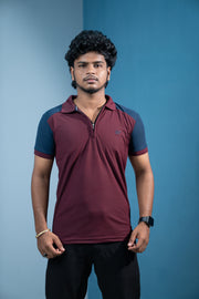 Dual-Tone Short Sleeve Zipper Collar T-Shirt for Men Trending Korean Fit-Maroon